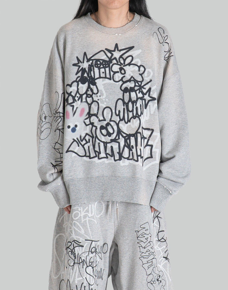 SANKUANZ - BUMPY GRAFFITI PRINT BLEACHED CREWNECK SWEATSHIRT - 082plus