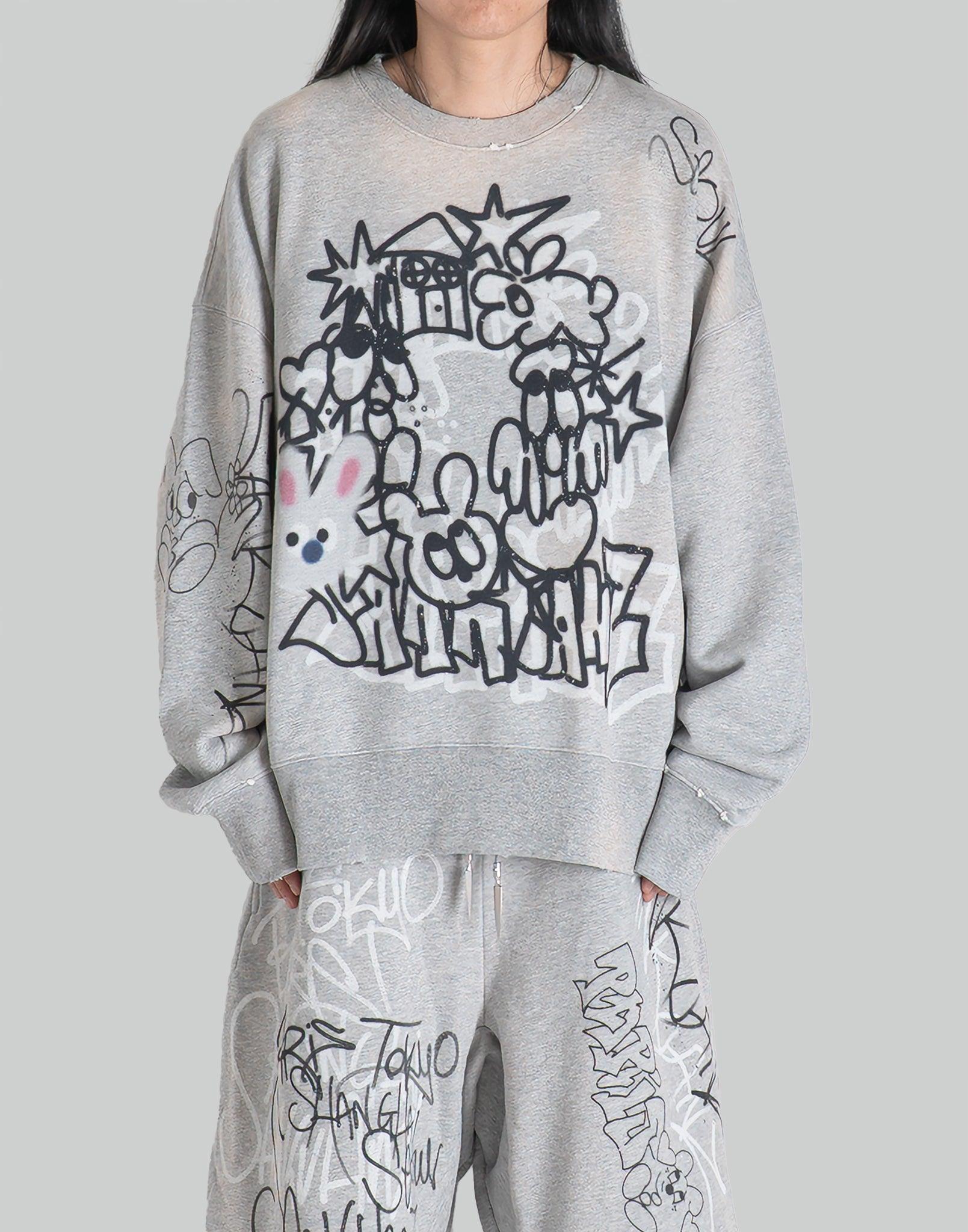 SANKUANZ - BUMPY GRAFFITI PRINT BLEACHED CREWNECK SWEATSHIRT - 082plus