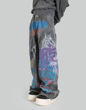 BUMPY GRAFFITI PRINT CARGO DENIM PANTS