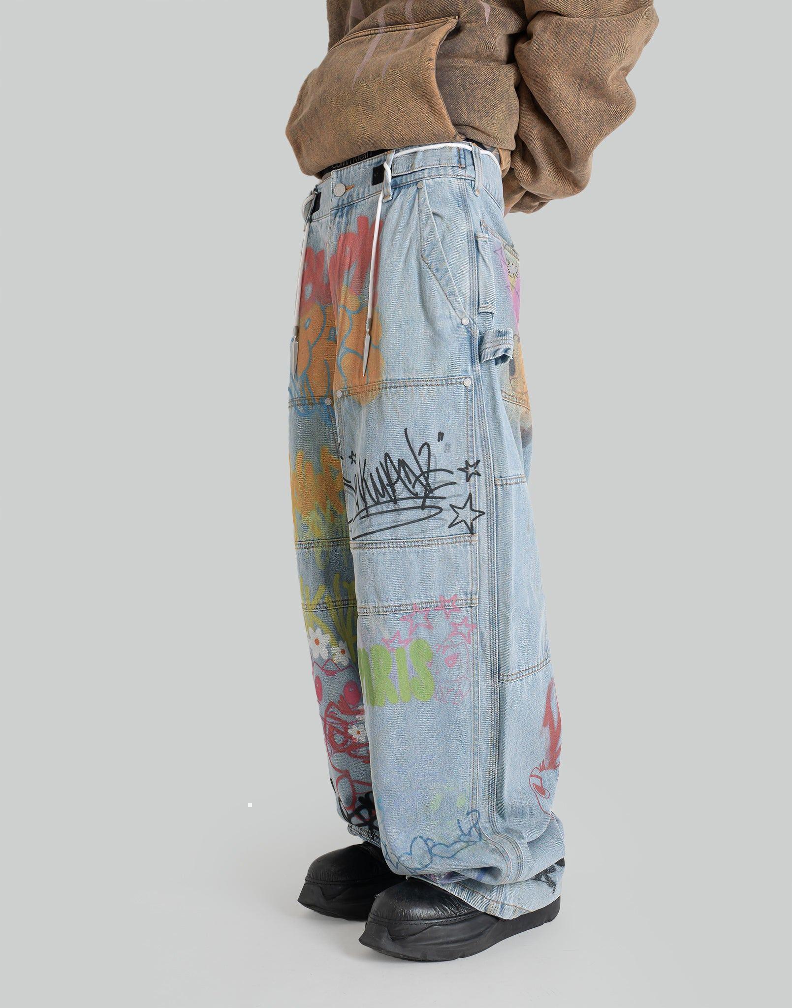 SANKUANZ - BUMPY GRAFFITI PRINT DENIM BAGGY PANTS - 082plus