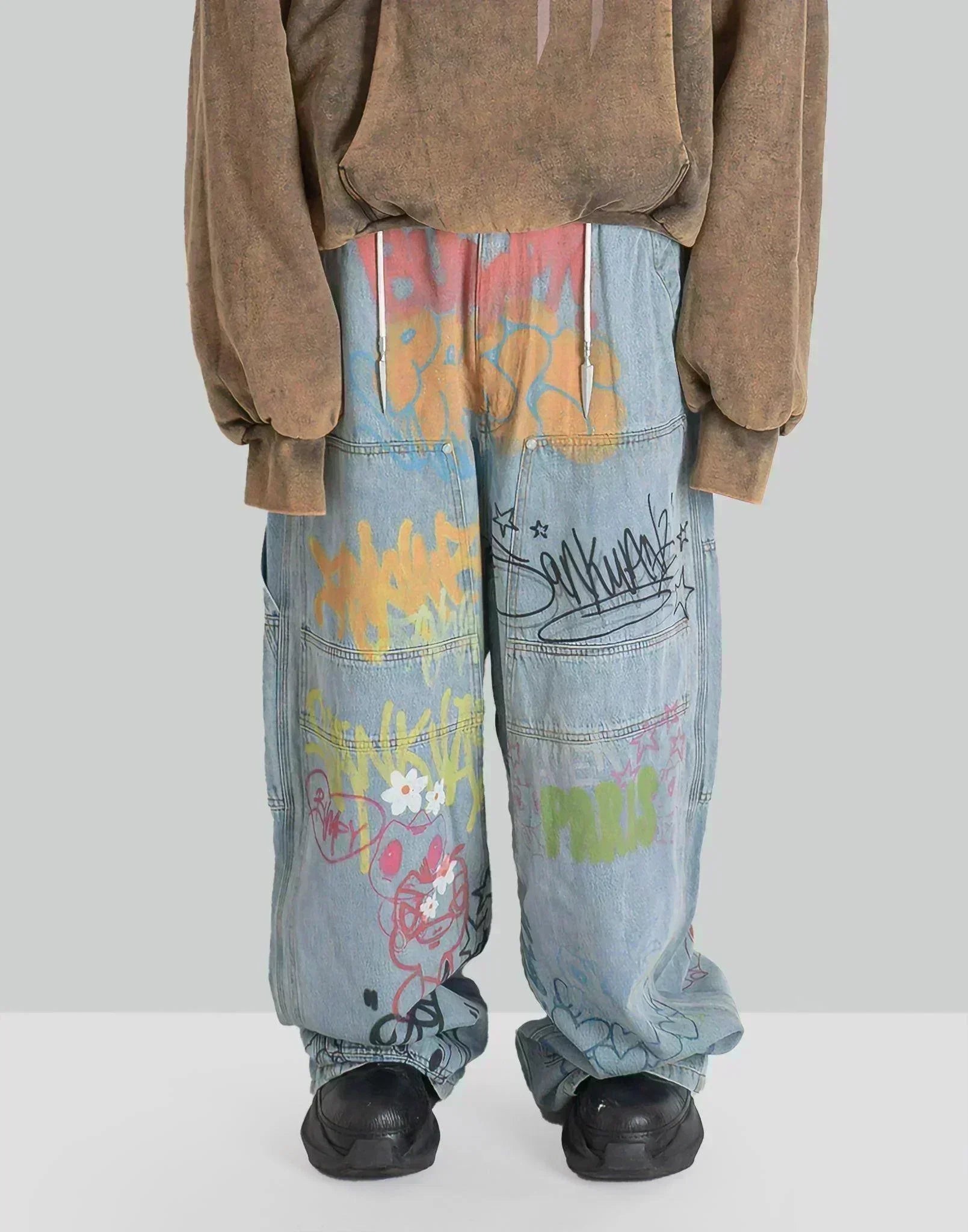 SANKUANZ - BUMPY GRAFFITI PRINT DENIM BAGGY PANTS - 082plus