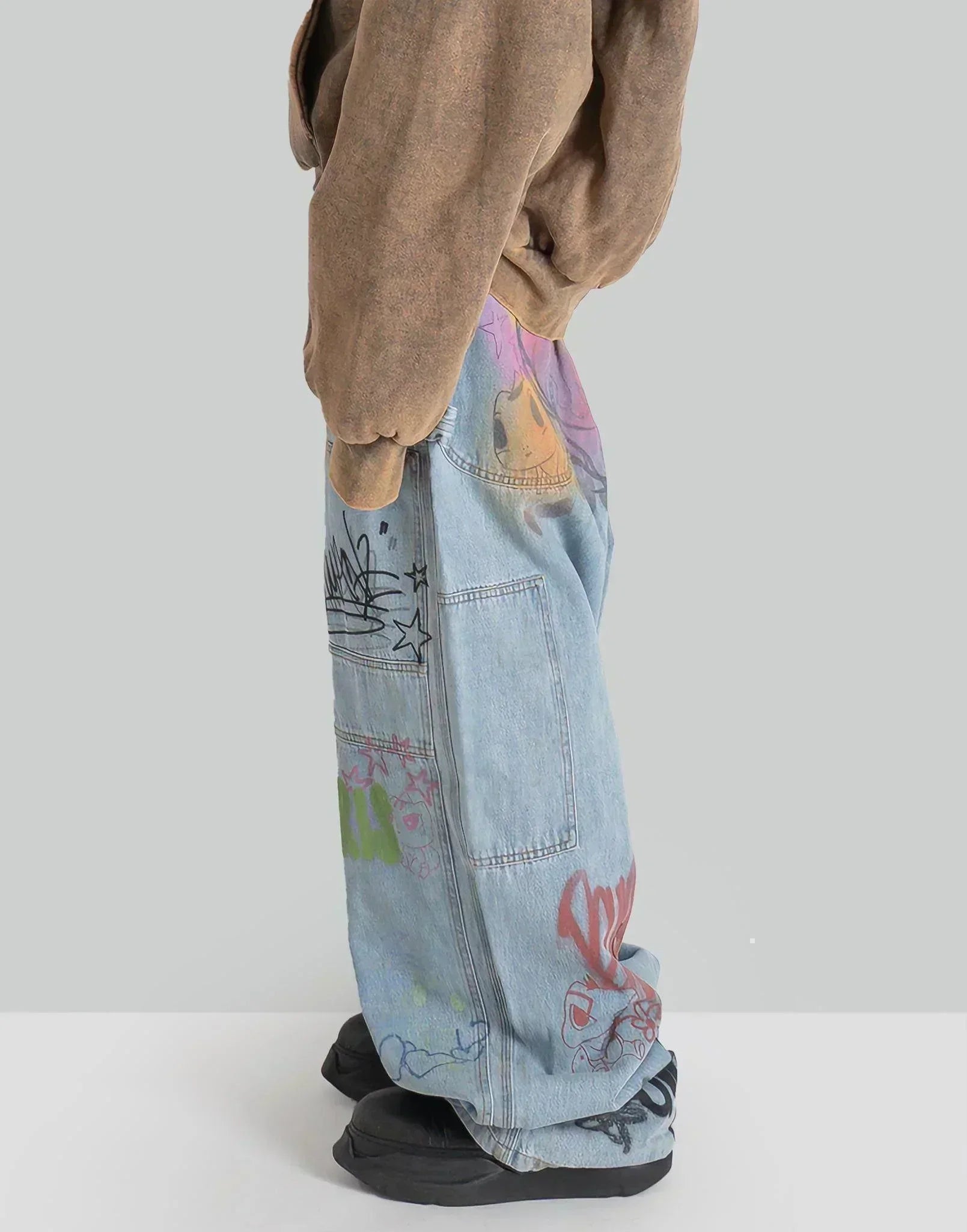 SANKUANZ - BUMPY GRAFFITI PRINT DENIM BAGGY PANTS - 082plus