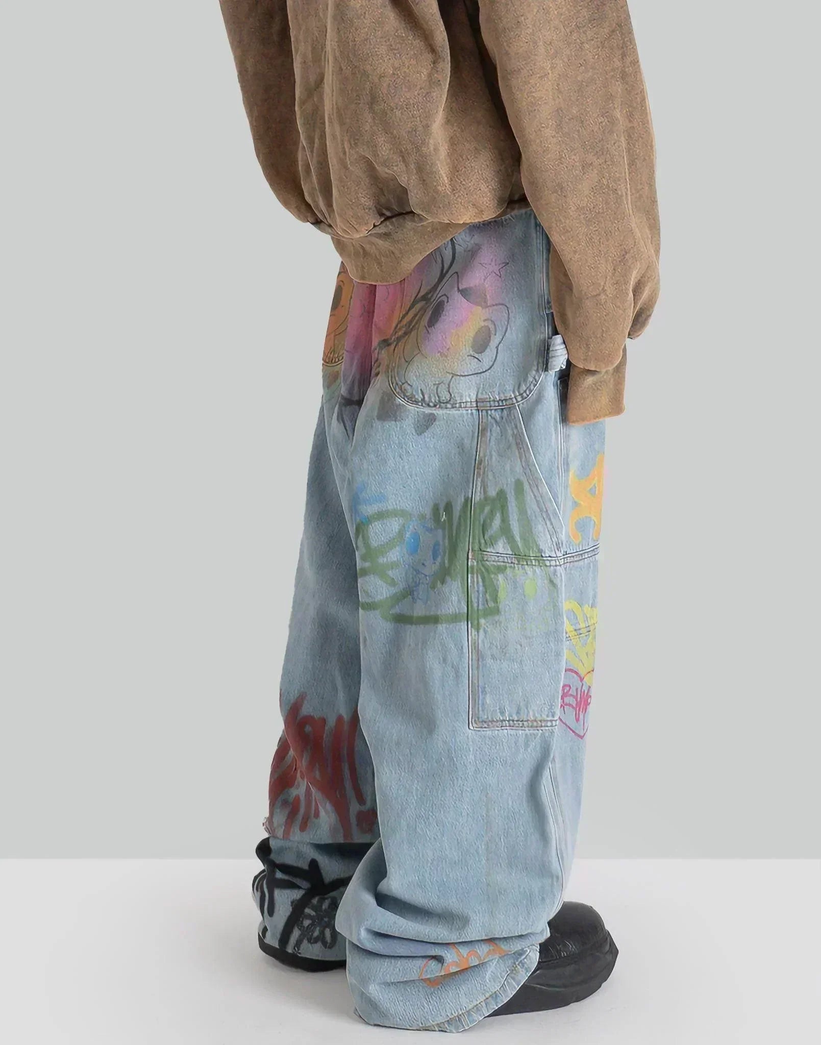 SANKUANZ - BUMPY GRAFFITI PRINT DENIM BAGGY PANTS - 082plus