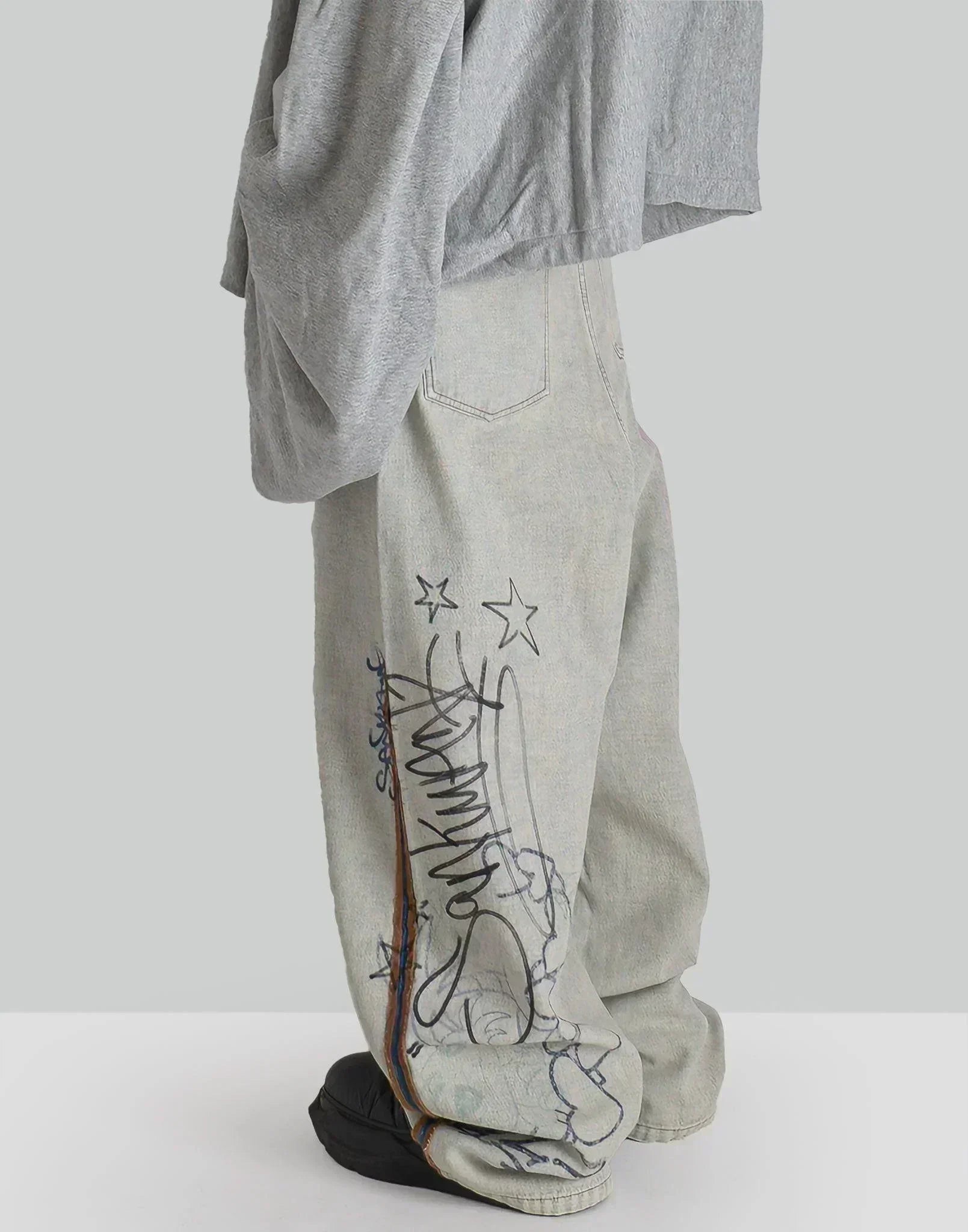 SANKUANZ - BUMPY GRAFFITI PRINT DENIM BAGGY PANTS - 082plus