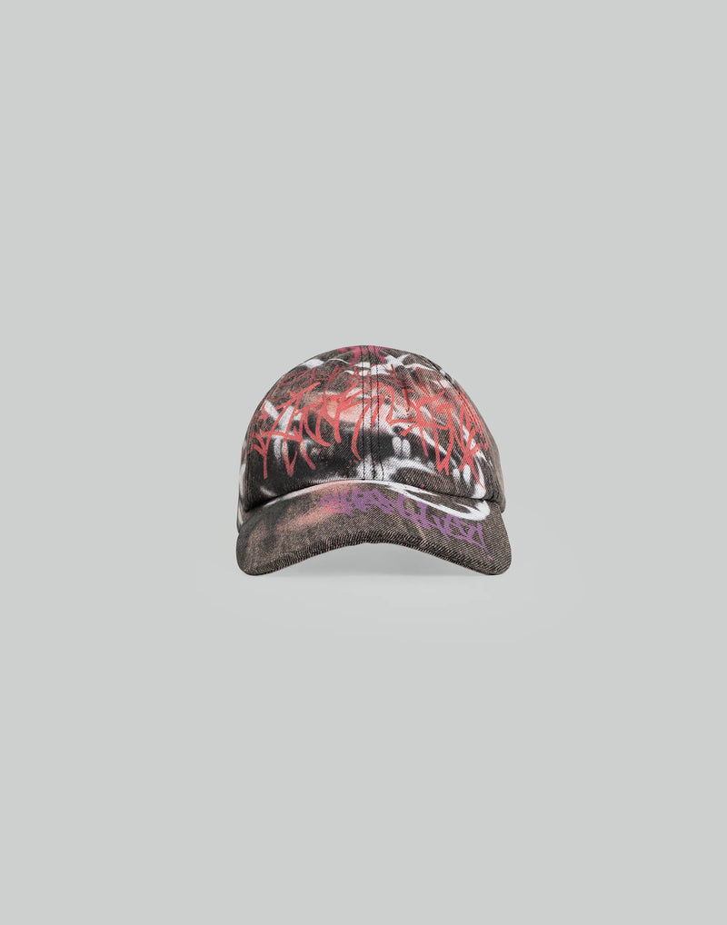 BUMPY GRAFFITI PRINT DENIM BASEBALL CAP