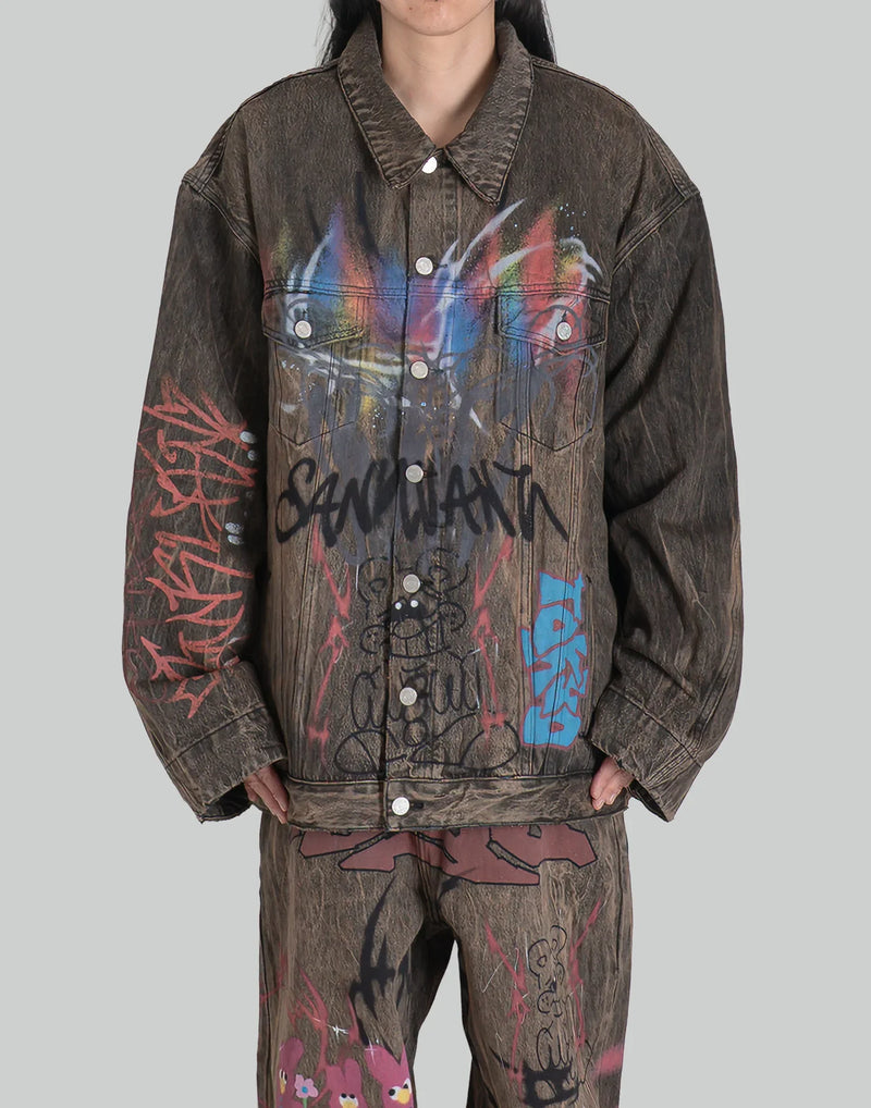 BUMPY GRAFFITI PRINT DISTRESSED DENIM JACKET