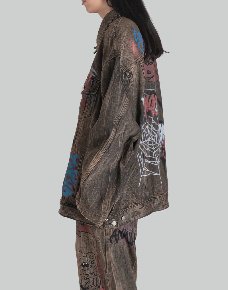BUMPY GRAFFITI PRINT DISTRESSED DENIM JACKET