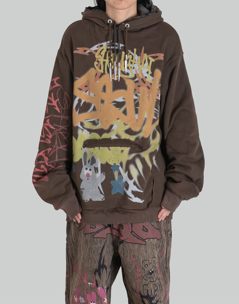 BUMPY GRAFFITI PRINT LAYERED DRAWSTRING HOODIE
