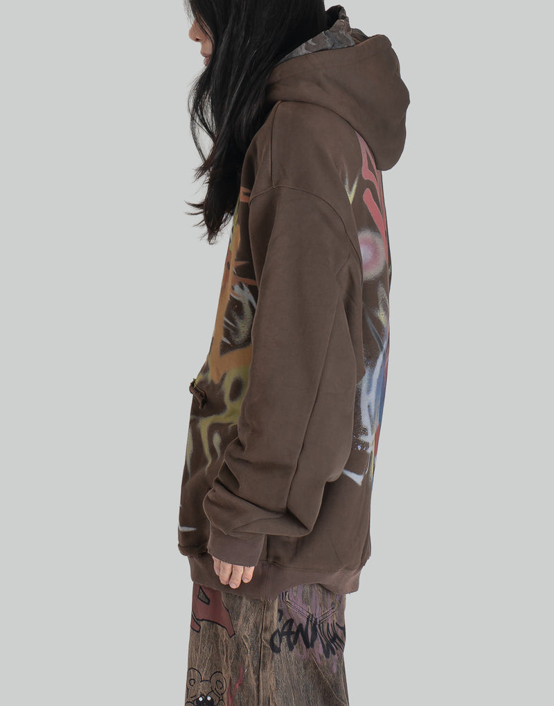 BUMPY GRAFFITI PRINT LAYERED DRAWSTRING HOODIE