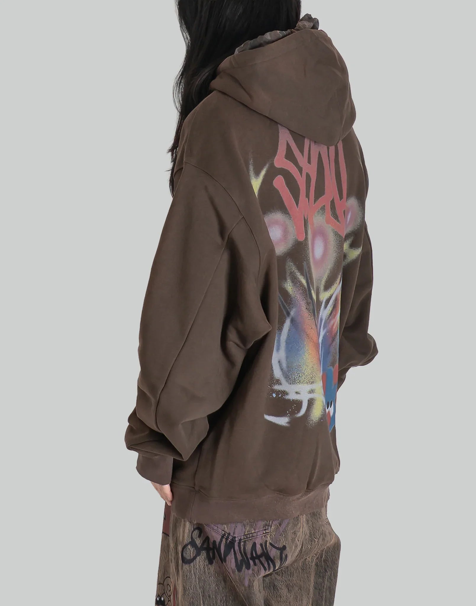 BUMPY GRAFFITI PRINT LAYERED DRAWSTRING HOODIE