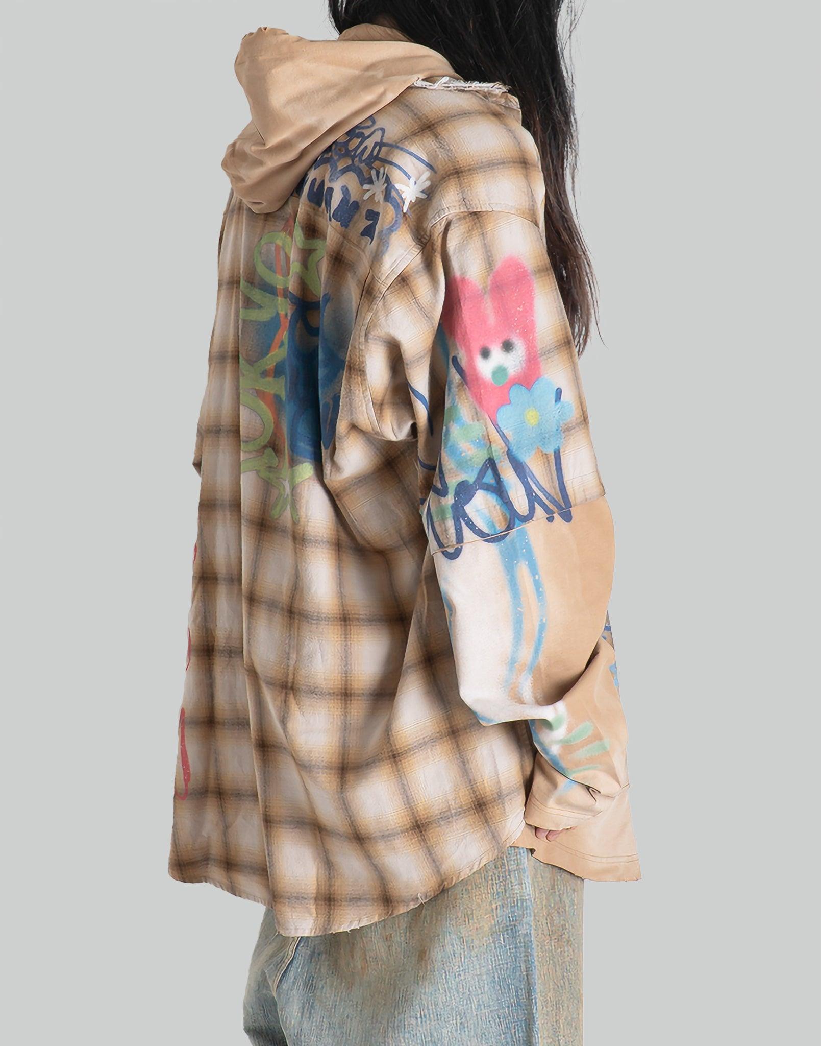 SANKUANZ - BUMPY GRAFFITI PRINT LAYERED PLAID HOODED SWEATSHIRT - 082plus