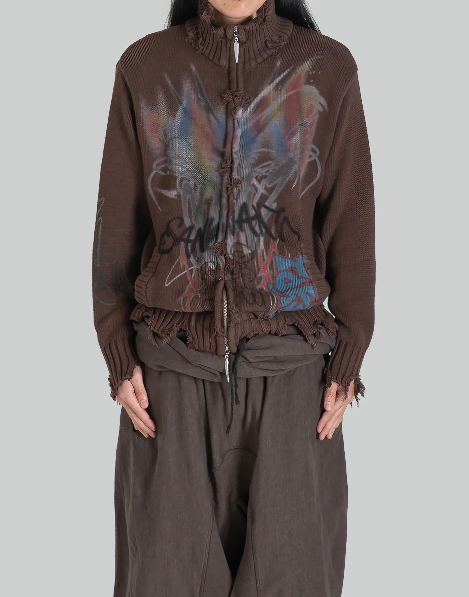 SANKUANZ BUMPY GRAFFITI PRINT RAW EDGE DISTRESSED TURTLENECK KNIT