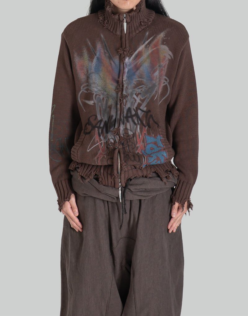 BUMPY GRAFFITI PRINT RAW EDGE DISTRESSED TURTLENECK KNIT JACKET