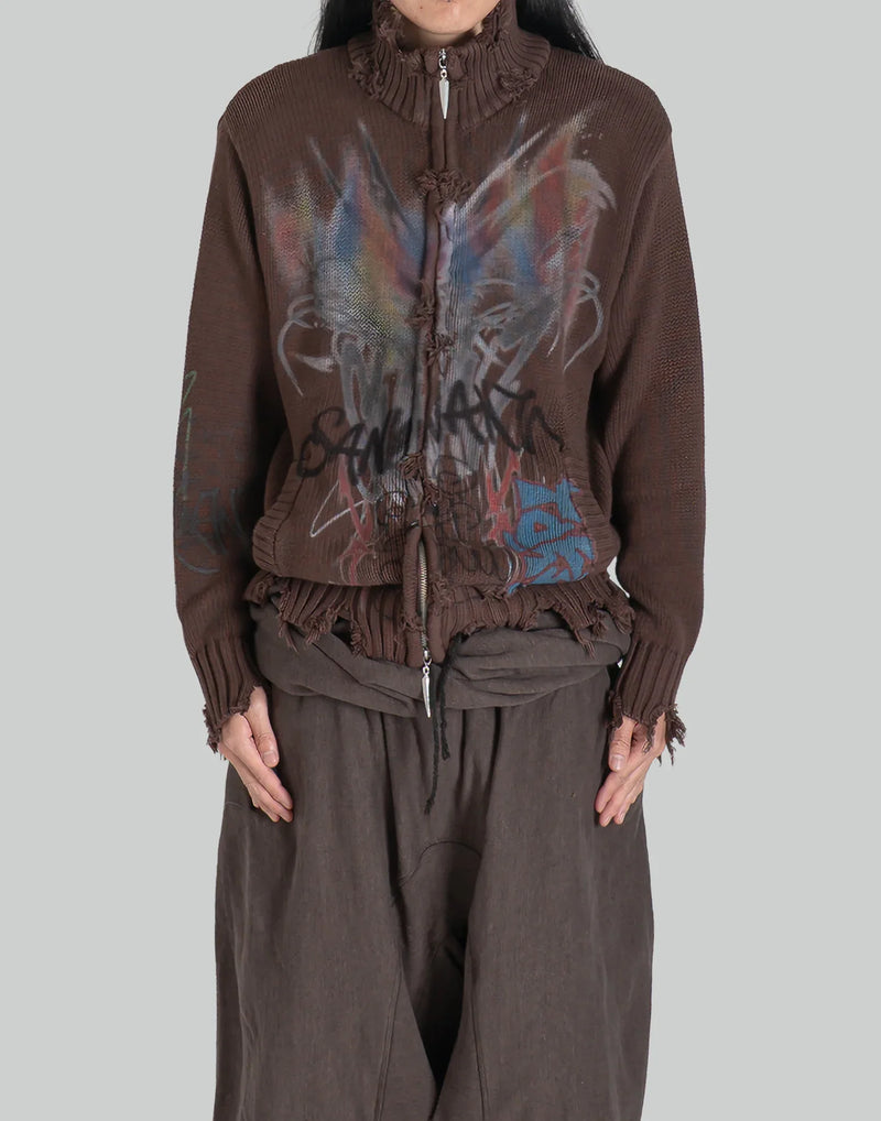 BUMPY GRAFFITI PRINT RAW EDGE DISTRESSED TURTLENECK KNIT JACKET