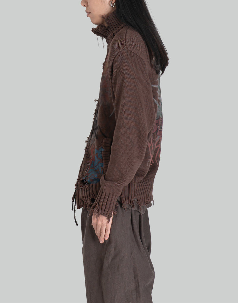 BUMPY GRAFFITI PRINT RAW EDGE DISTRESSED TURTLENECK KNIT JACKET