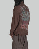 BUMPY GRAFFITI PRINT RAW EDGE DISTRESSED TURTLENECK KNIT JACKET