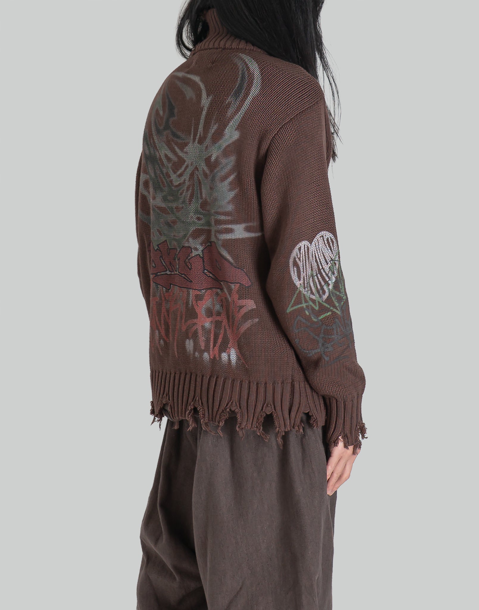 BUMPY GRAFFITI PRINT RAW EDGE DISTRESSED TURTLENECK KNIT JACKET