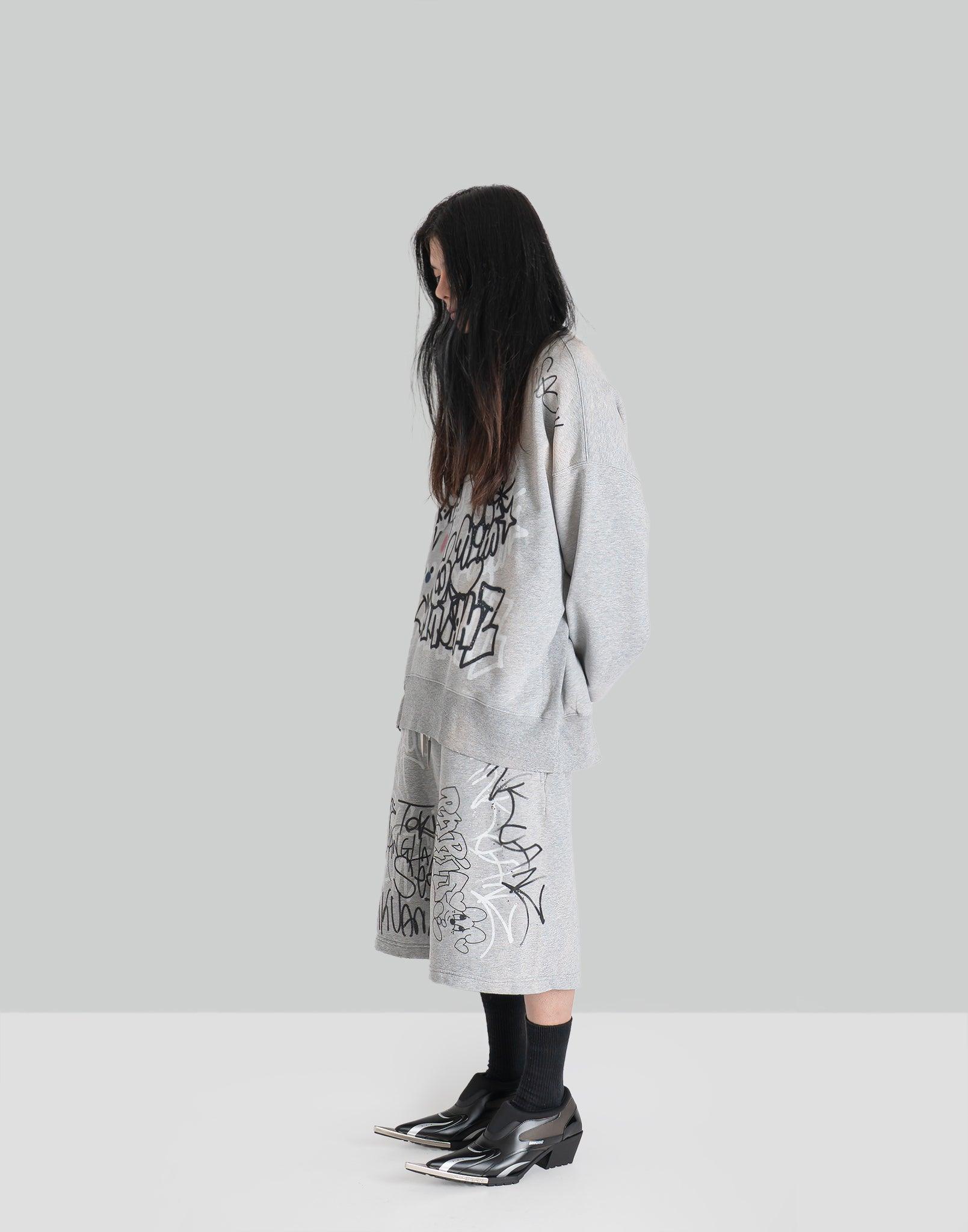 SANKUANZ - BUMPY GRAFFITI PRINT BLEACHED CREWNECK SWEATSHIRT - 082plus