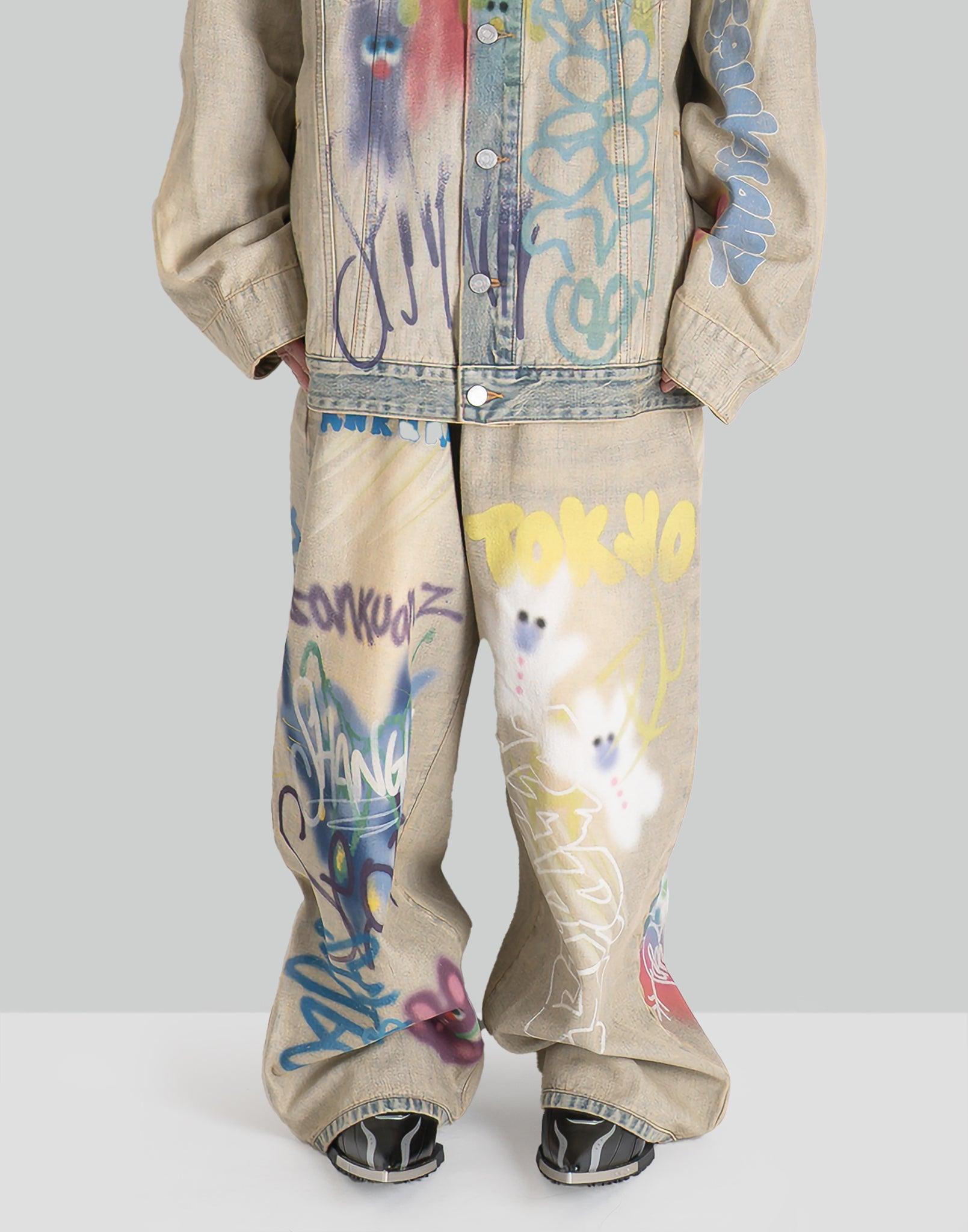 SANKUANZ - BUMPY GRAFFITI PRINT REVERSIBLE FABRIC ASYMMETRICAL DENIM - 082plus