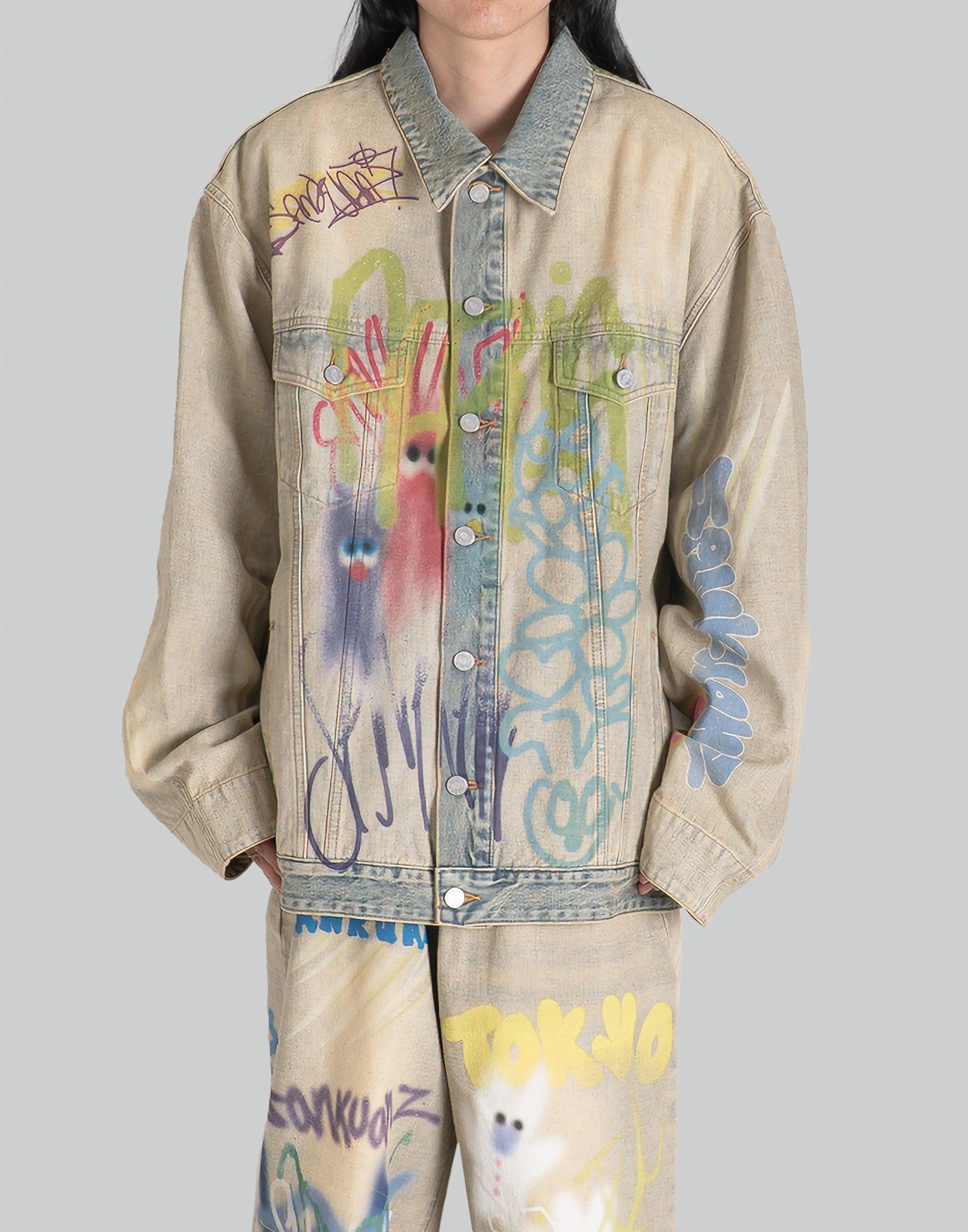 SANKUANZ - BUMPY GRAFFITI PRINT REVERSIBLE FABRIC OVERSIZED DENIM JACKET - 082plus