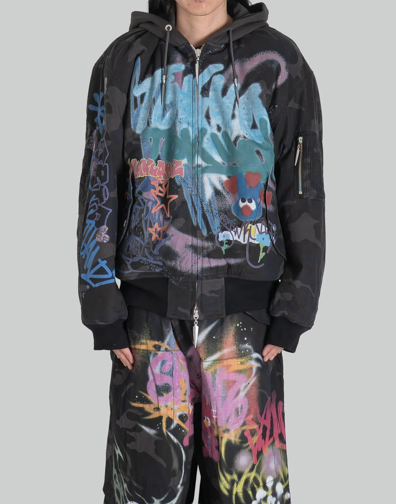 BUMPY GRAFFITI PRINT SIDE POCKET HOODED ZIP JACKET