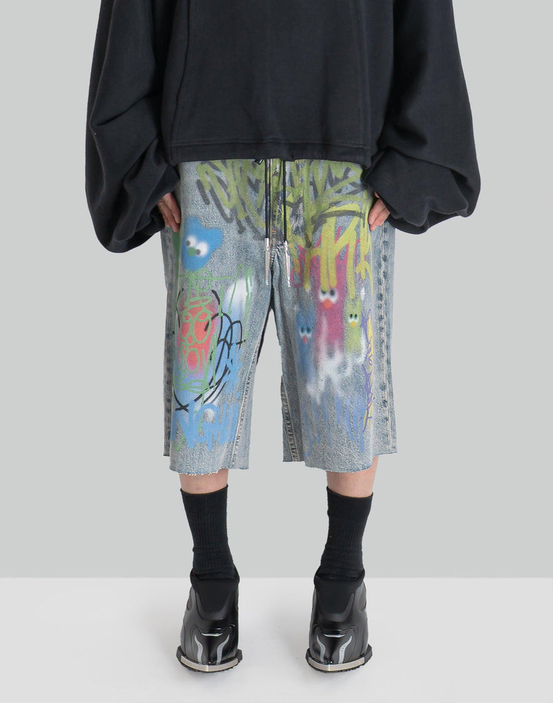 SANKUANZ - BUMPY GRAFFITI PRINT WASHED DENIM SHORTS - 082plus