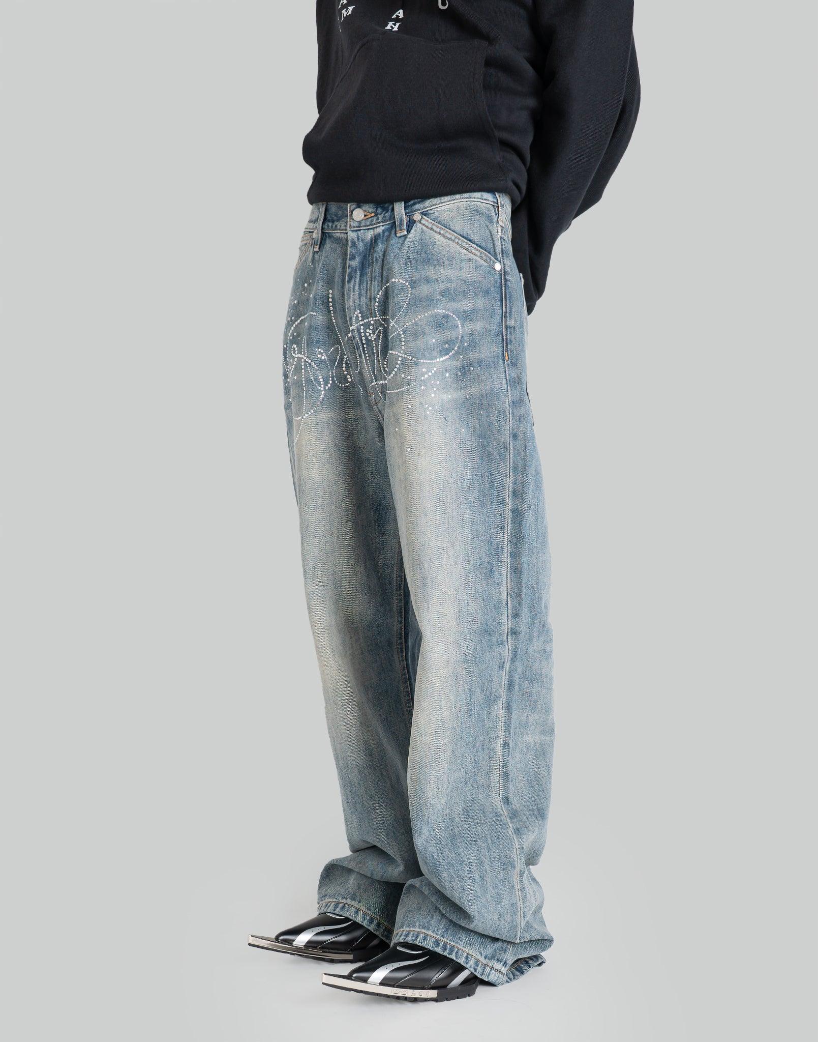 SANKUANZ BUMPY LOGO RHINESTONE DENIM PANTS – 082plus