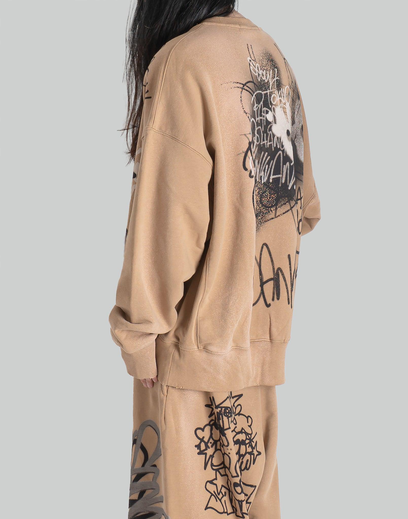 SANKUANZ - BUMPY GRAFFITI PRINT BLEACHED CREWNECK SWEATSHIRT - 082plus