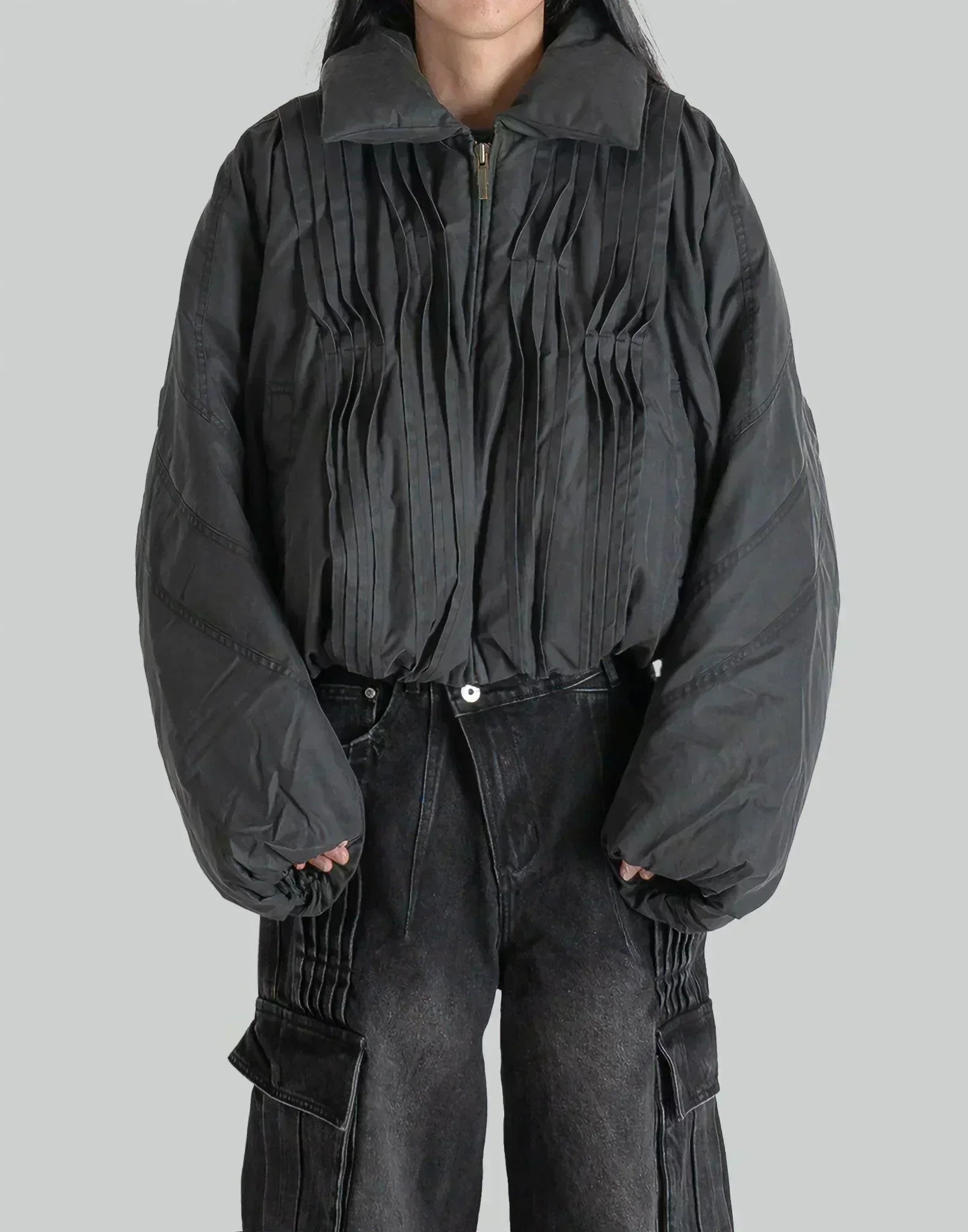 FENG CHEN WANG - GRAY WASHED FOLDING OVERSIZED PADDED JACKET - 082plus