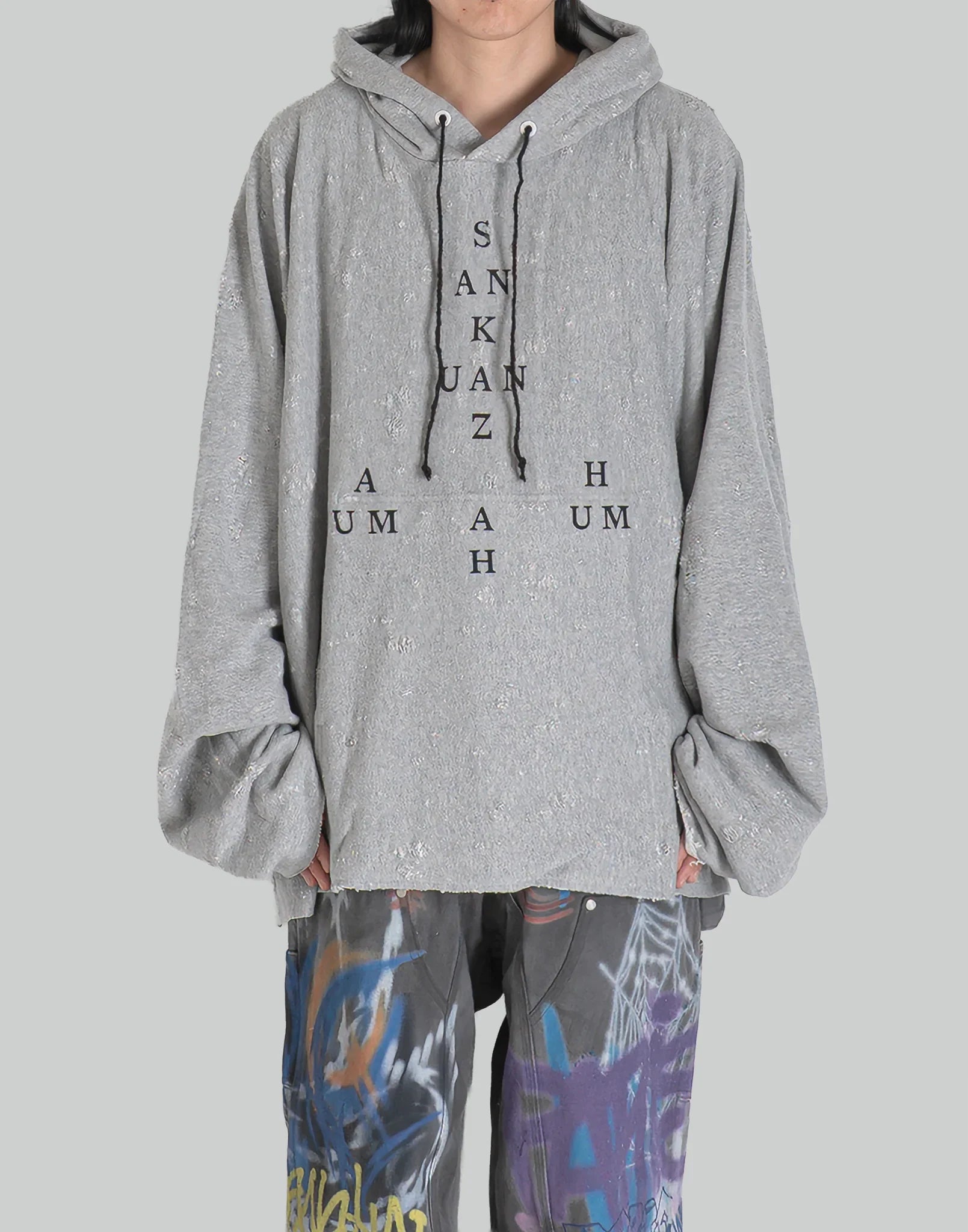 MONOGRAM PRINT DISTRESSED HOODIE