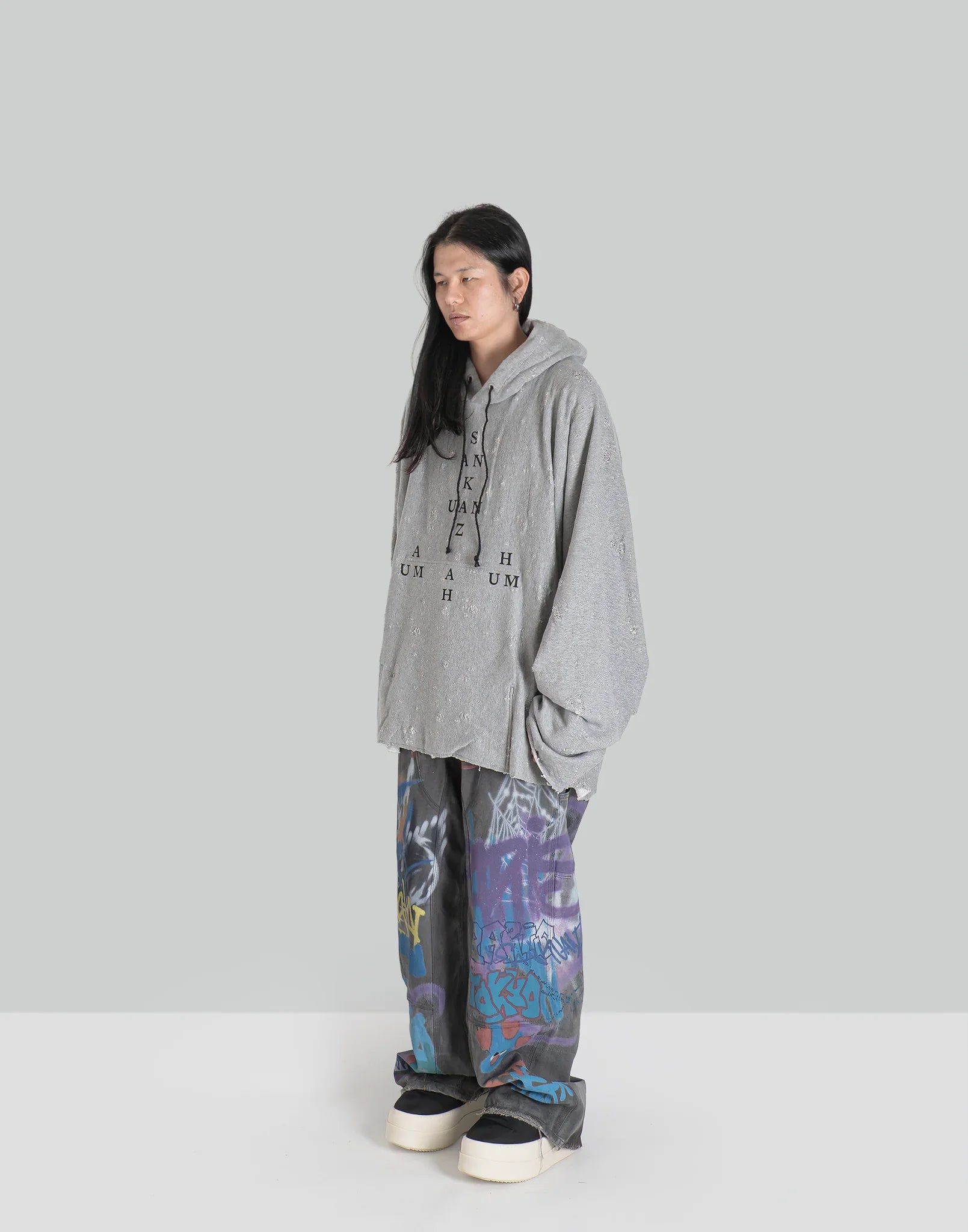SANKUANZ - MONOGRAM PRINT DISTRESSED HOODIE - 082plus
