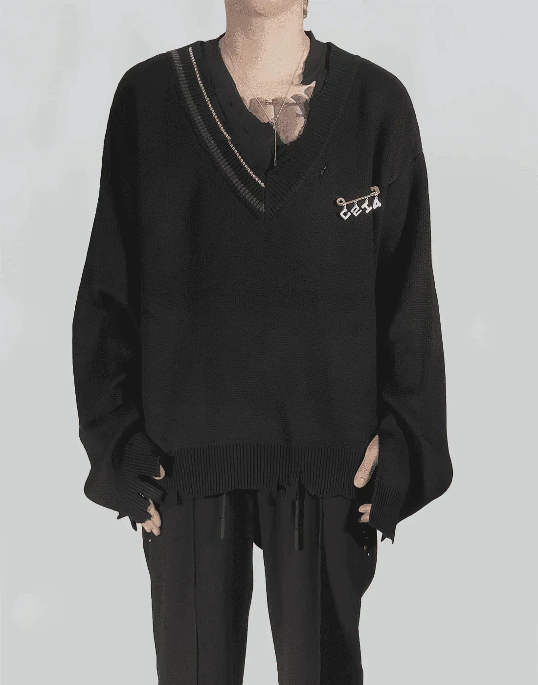 C2H4 - DISTRESSED KNIT LAYERED SWEATER - 082plus