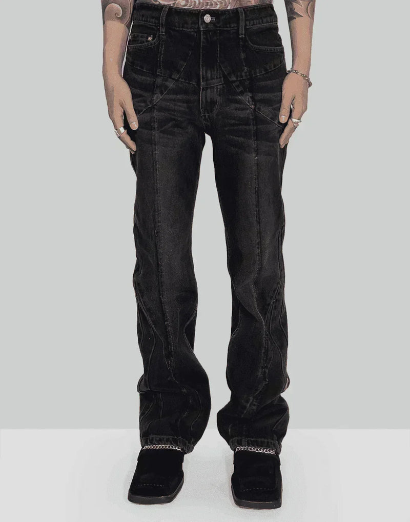 C2H4 - “Future Yacht Club” STAGGER STREAMLINE ARCH RAW EDGE JEANS - 082plus