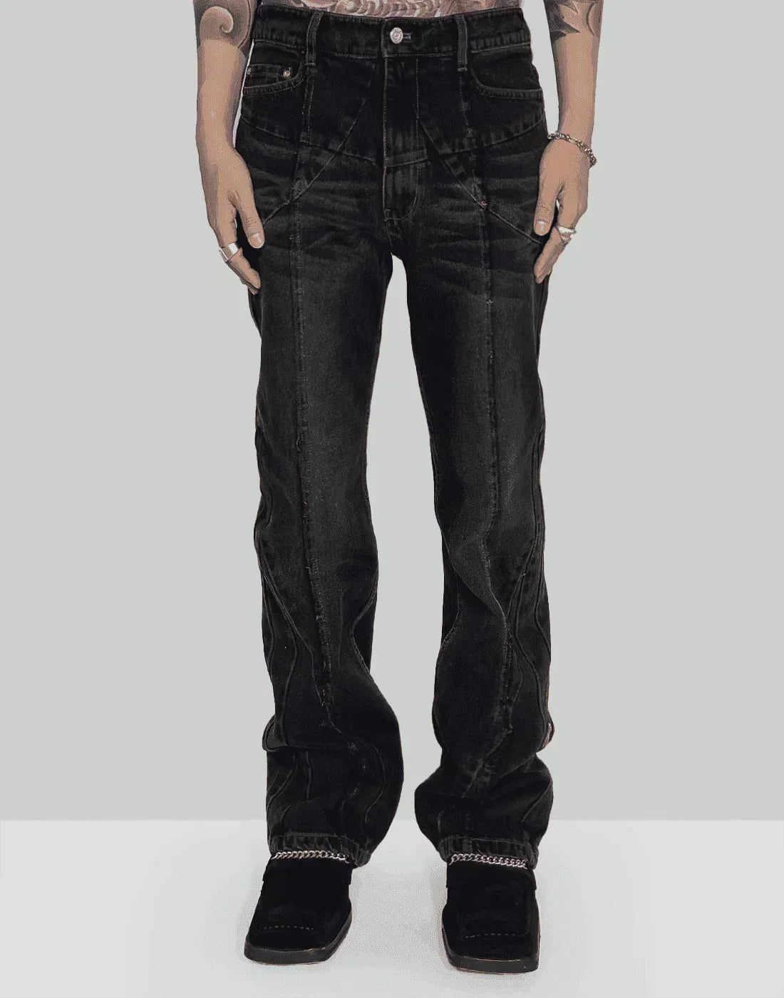C2H4 - “Future Yacht Club” STAGGER STREAMLINE ARCH RAW EDGE JEANS - 082plus