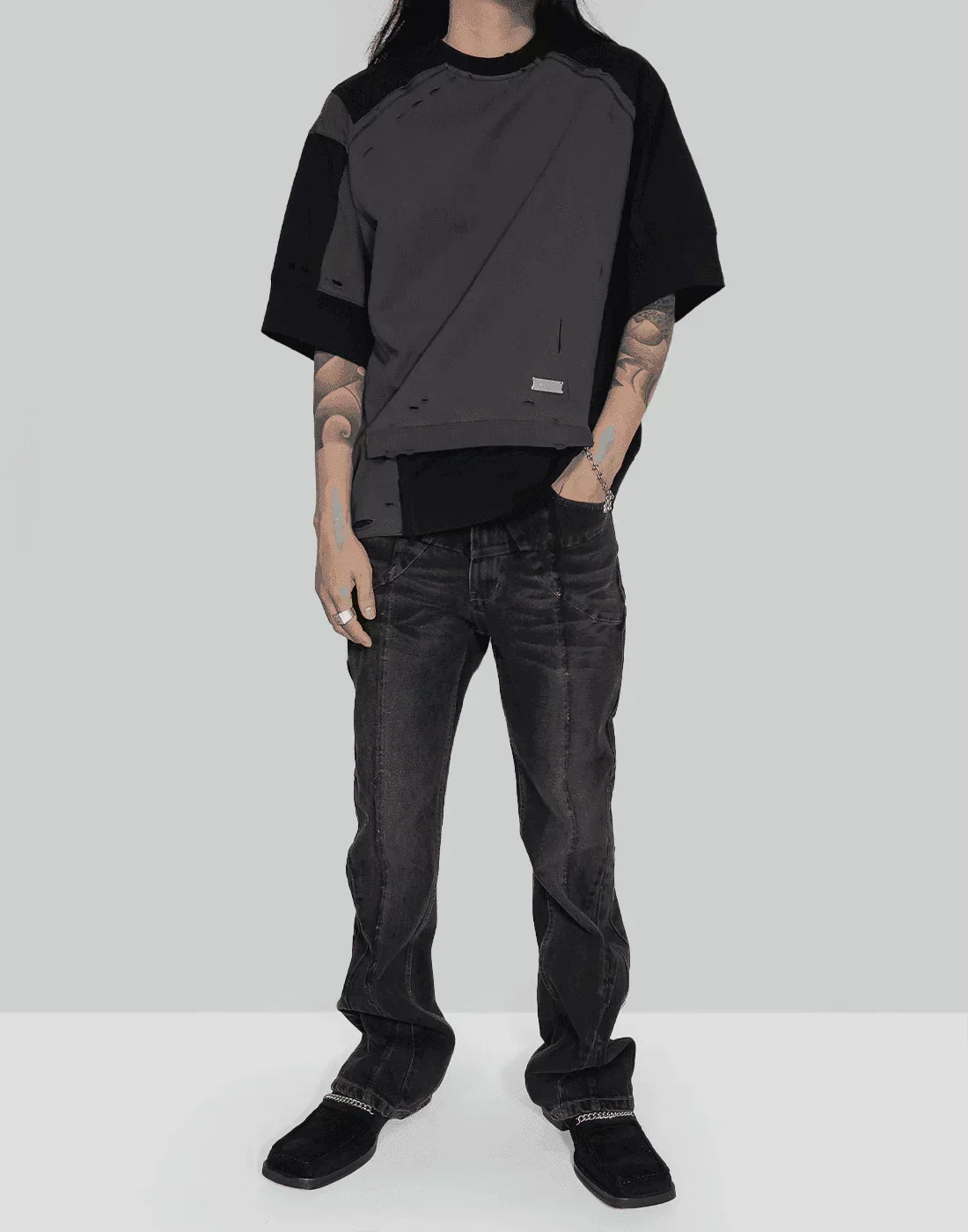 C2H4 - “Future Yacht Club” STAGGER STREAMLINE ARCH RAW EDGE JEANS - 082plus