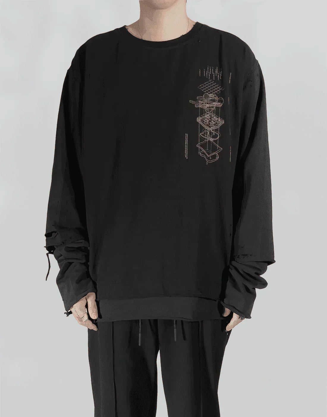 C2H4 - PANELLED DISTRESSED DOUBLE LAYER LONG-SLEEVE T - 082plus