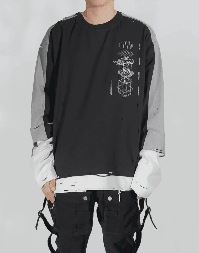 C2H4 - PANELLED DISTRESSED DOUBLE LAYER LONG-SLEEVE T - 082plus