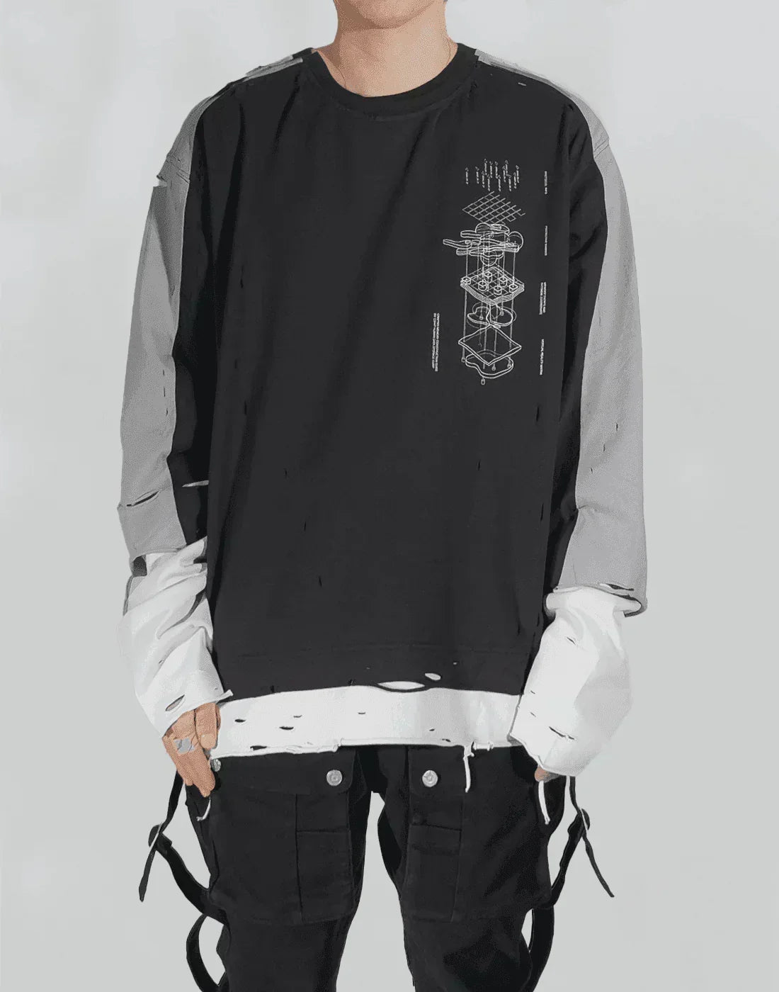 C2H4 - PANELLED DISTRESSED DOUBLE LAYER LONG-SLEEVE T - 082plus