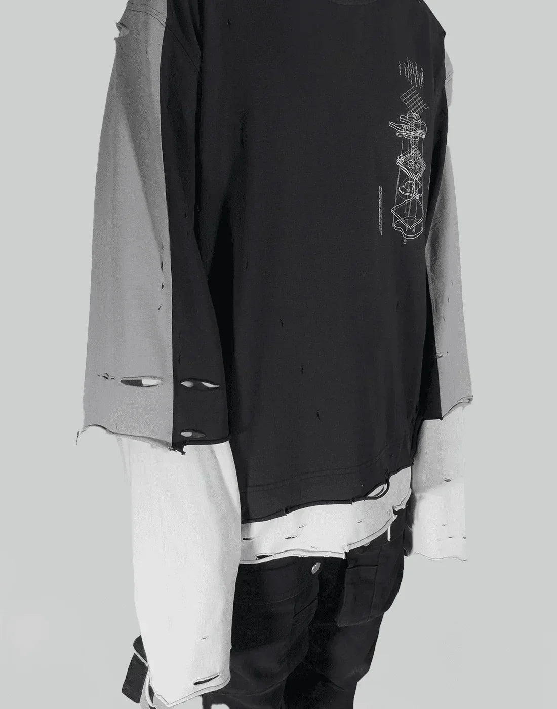 C2H4 - PANELLED DISTRESSED DOUBLE LAYER LONG-SLEEVE T - 082plus