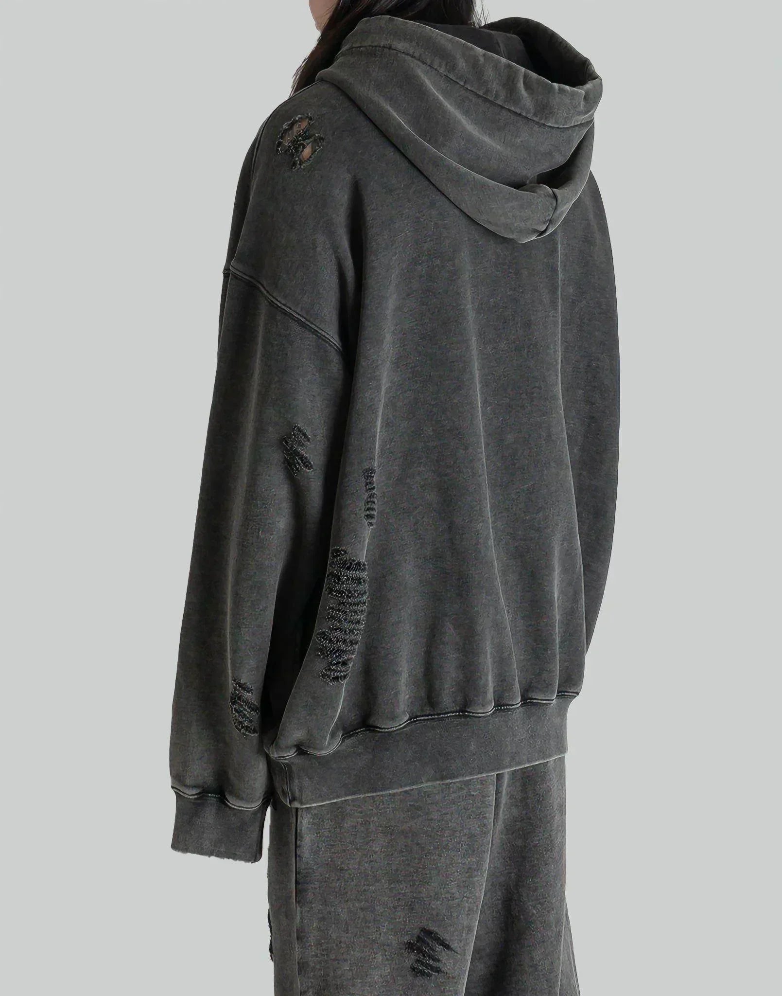 FENG CHEN WANG - GREY RIPPED JERSY HOODIE - 082plus