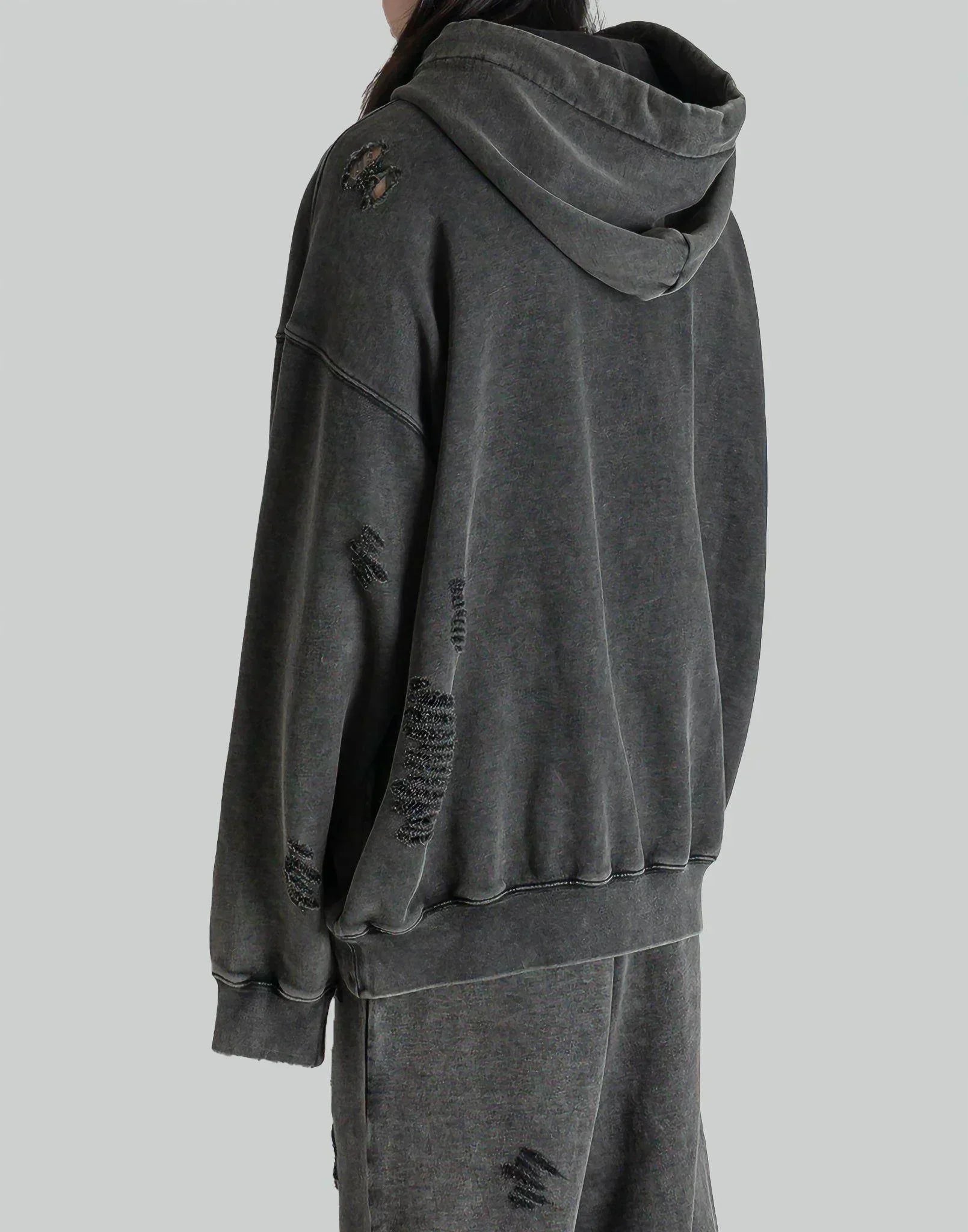 FENG CHEN WANG - GREY RIPPED JERSY HOODIE - 082plus