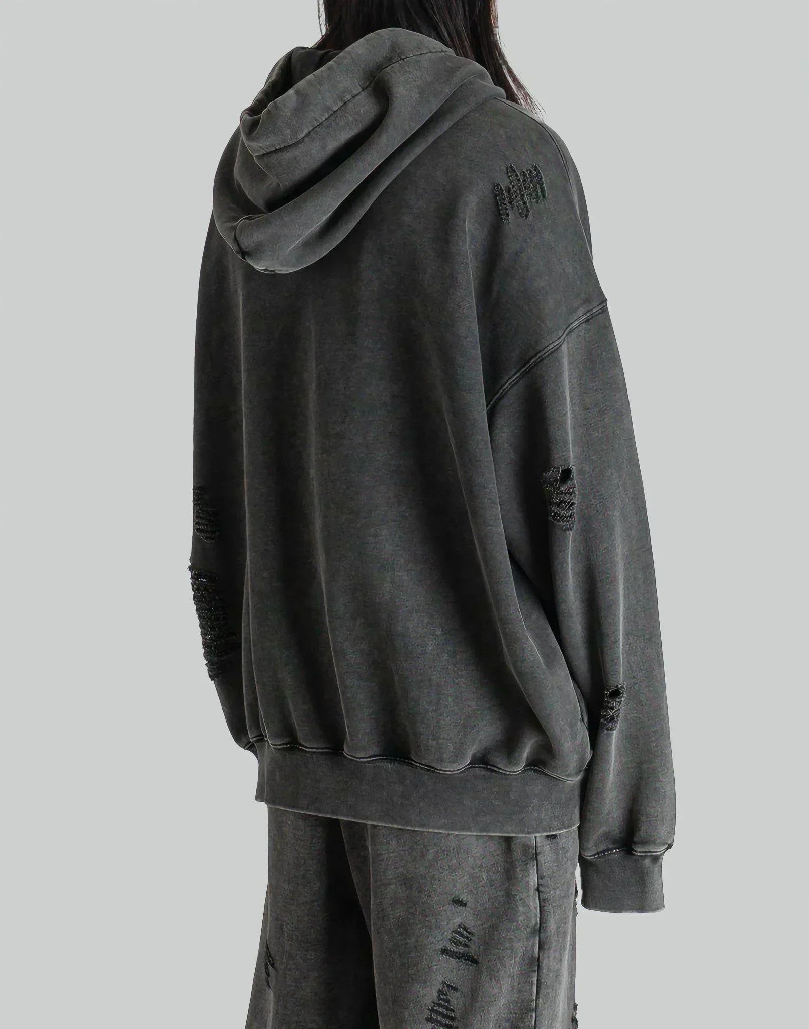 FENG CHEN WANG - GREY RIPPED JERSY HOODIE - 082plus