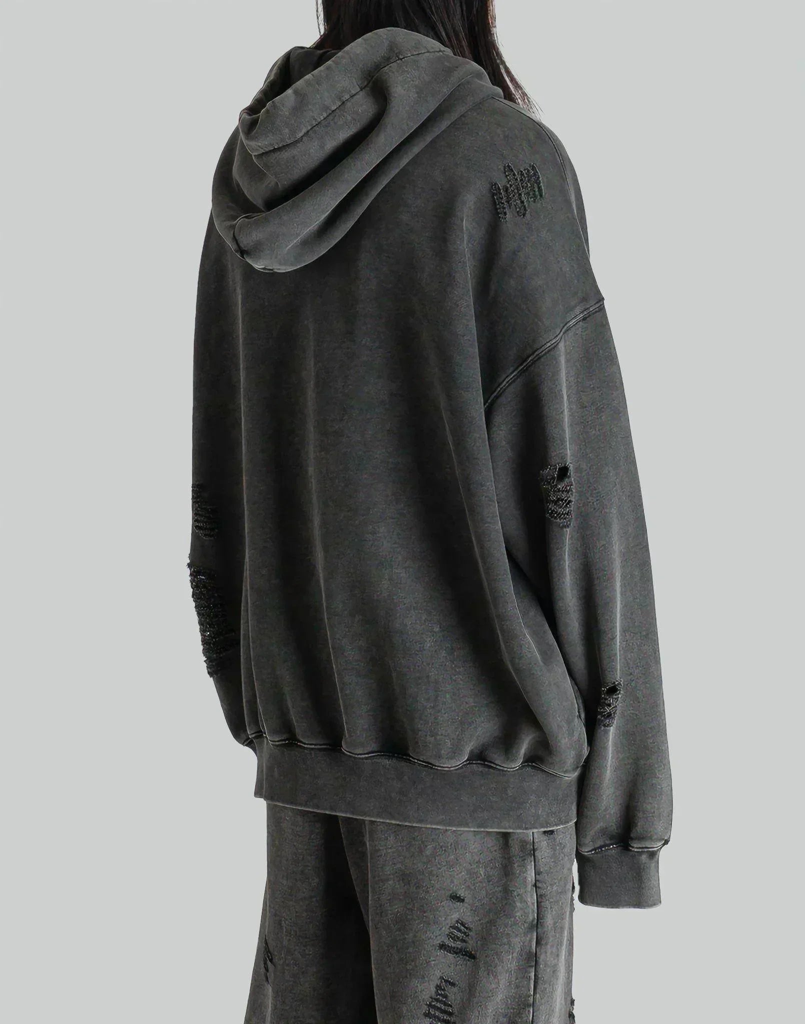FENG CHEN WANG - GREY RIPPED JERSY HOODIE - 082plus