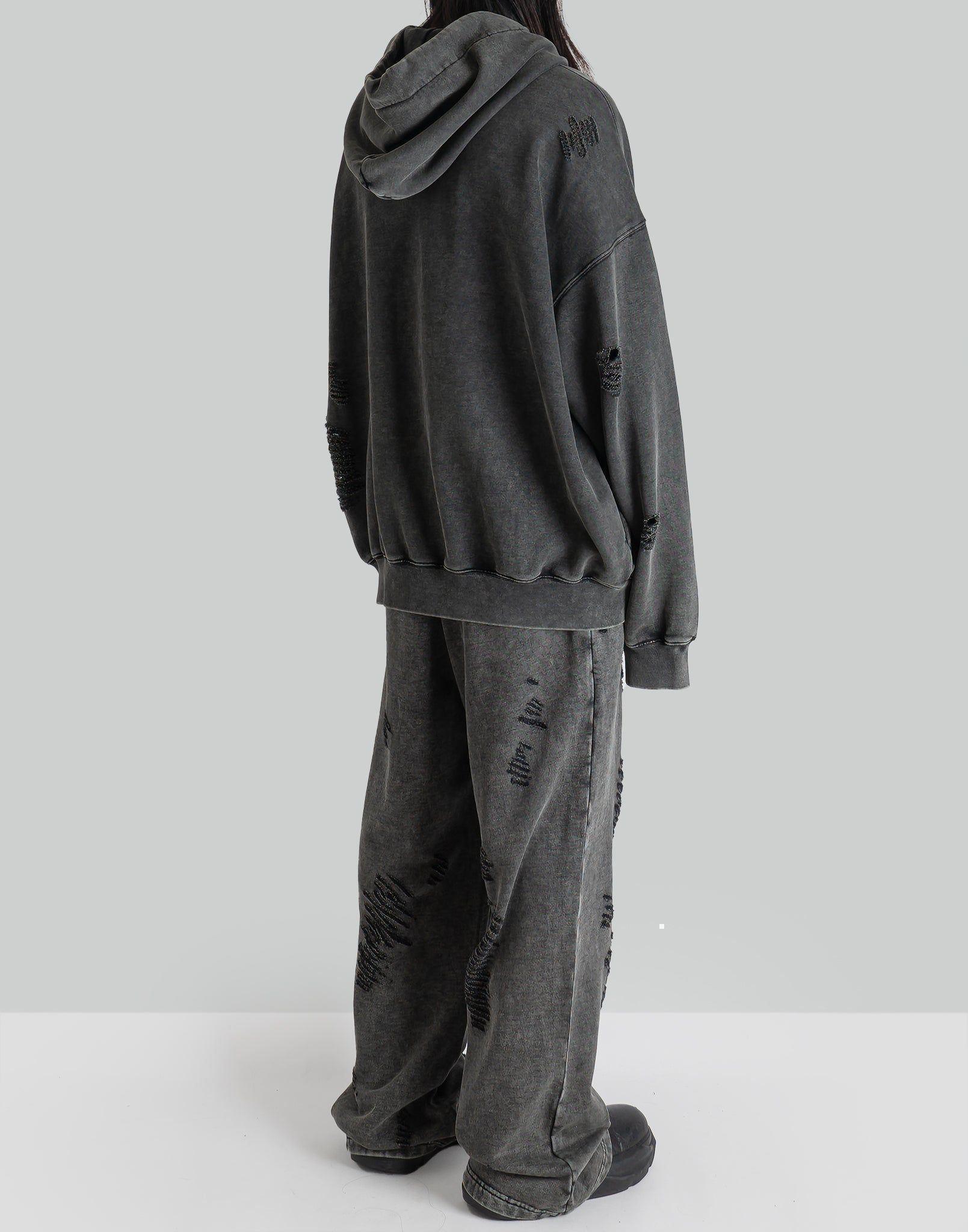 FENG CHEN WANG - GREY RIPPED JERSY HOODIE - 082plus