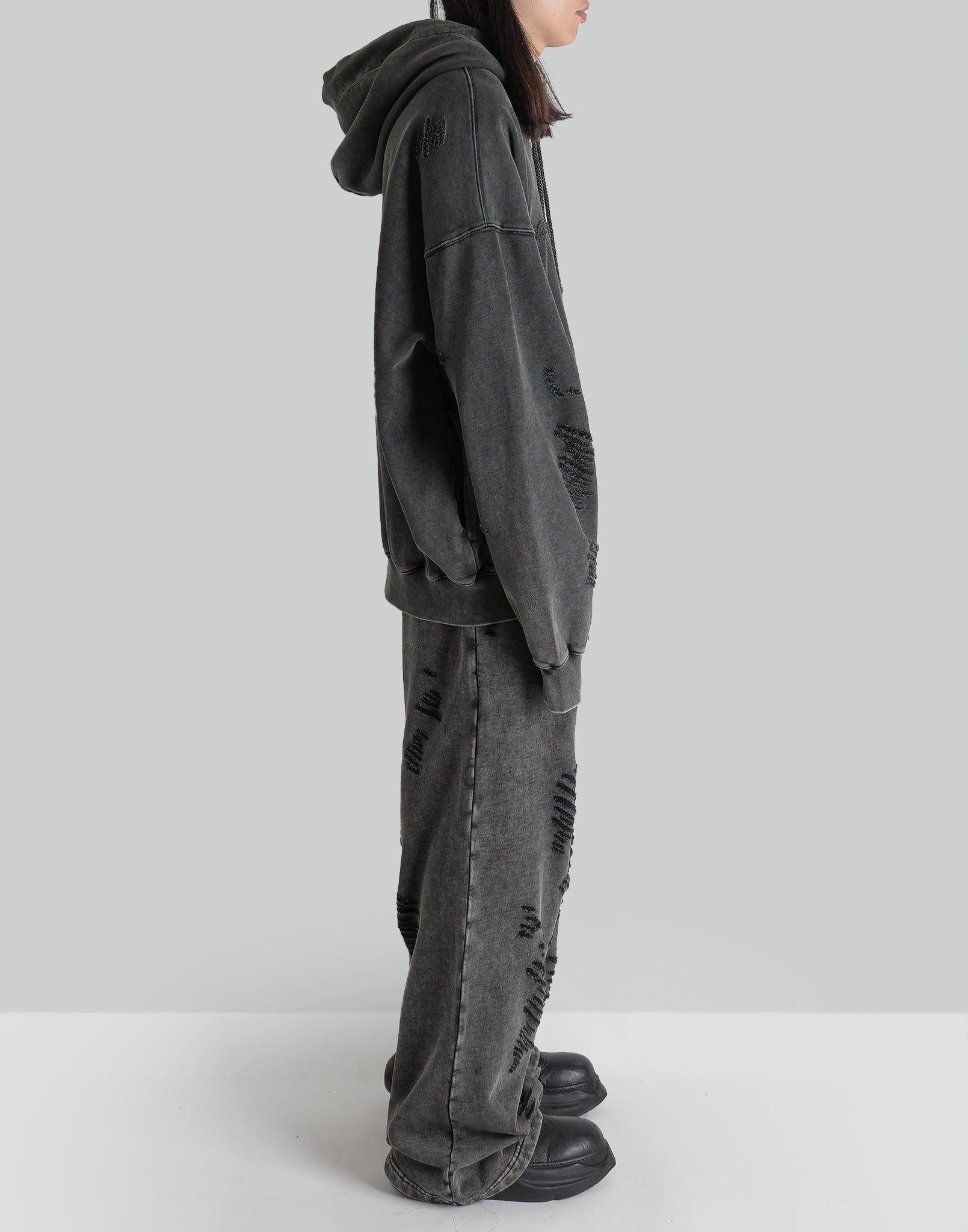 FENG CHEN WANG - GREY RIPPED JERSY HOODIE - 082plus