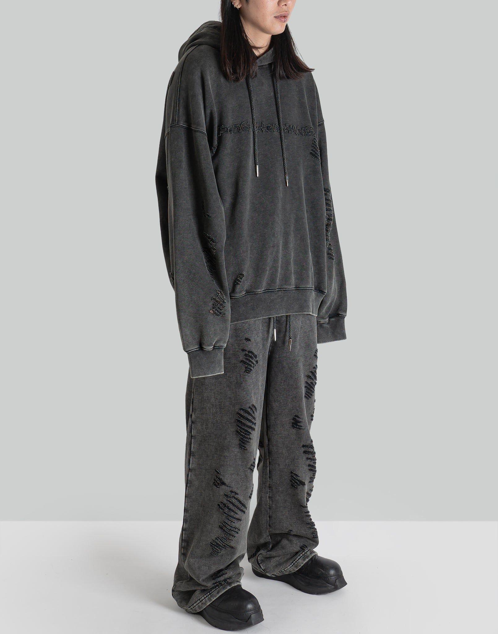 FENG CHEN WANG - GREY RIPPED JERSY HOODIE - 082plus