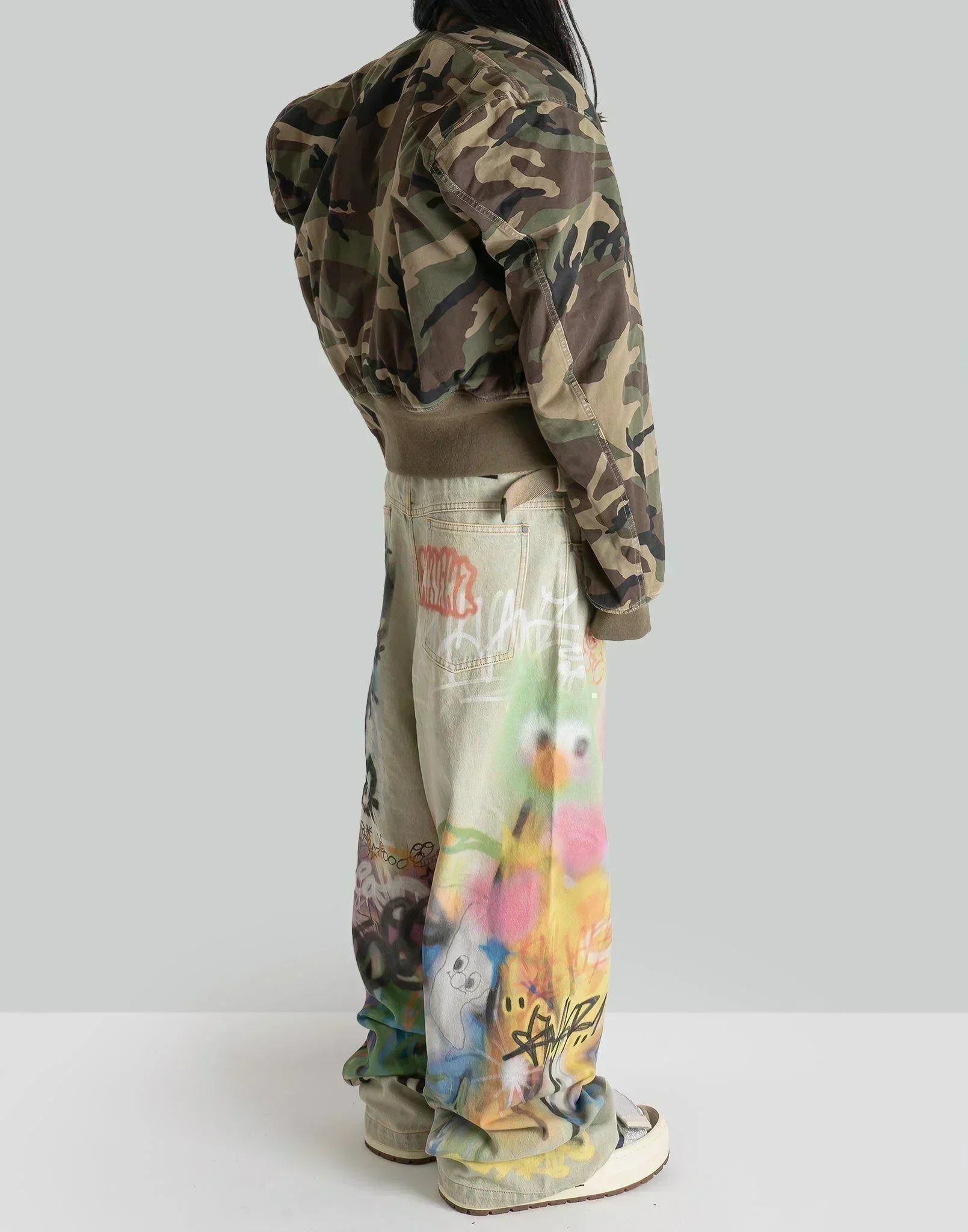 SANKUANZ - Worn Rabbit Graffiti Print Cotton Baggy Jeans - 082plus