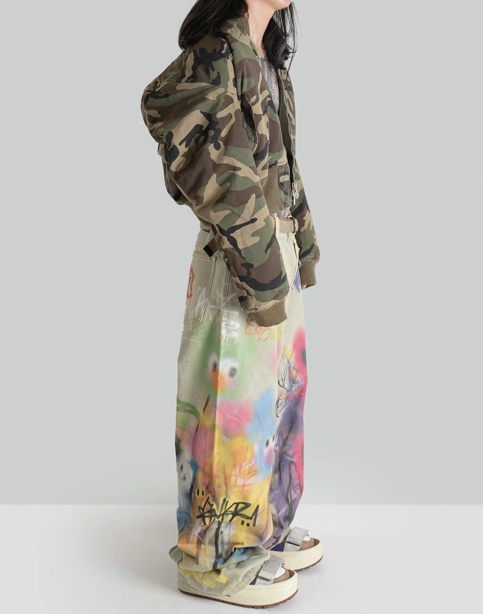 SANKUANZ - Worn Rabbit Graffiti Print Cotton Baggy Jeans - 082plus