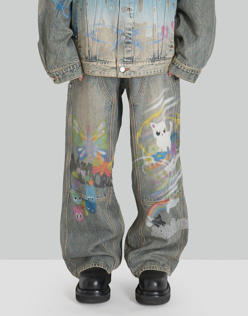 GRAPHIC PRINT UNISEX WASHED JEANS