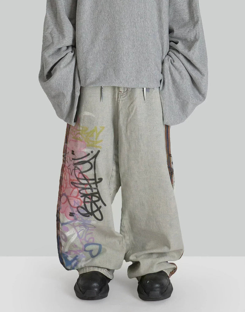 SANKUANZ - BUMPY GRAFFITI PRINT DENIM BAGGY PANTS - 082plus